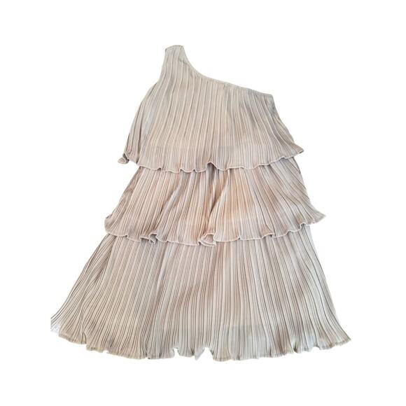 ZESICA One Shoulder Pleated Tiered Mini Dress Women’s Size Small Beige Tan - Picture 2 of 6